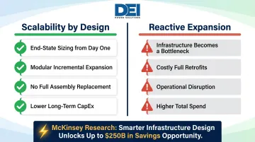 Scalability by design versus reactive expansion cost comparison infographic for data centers