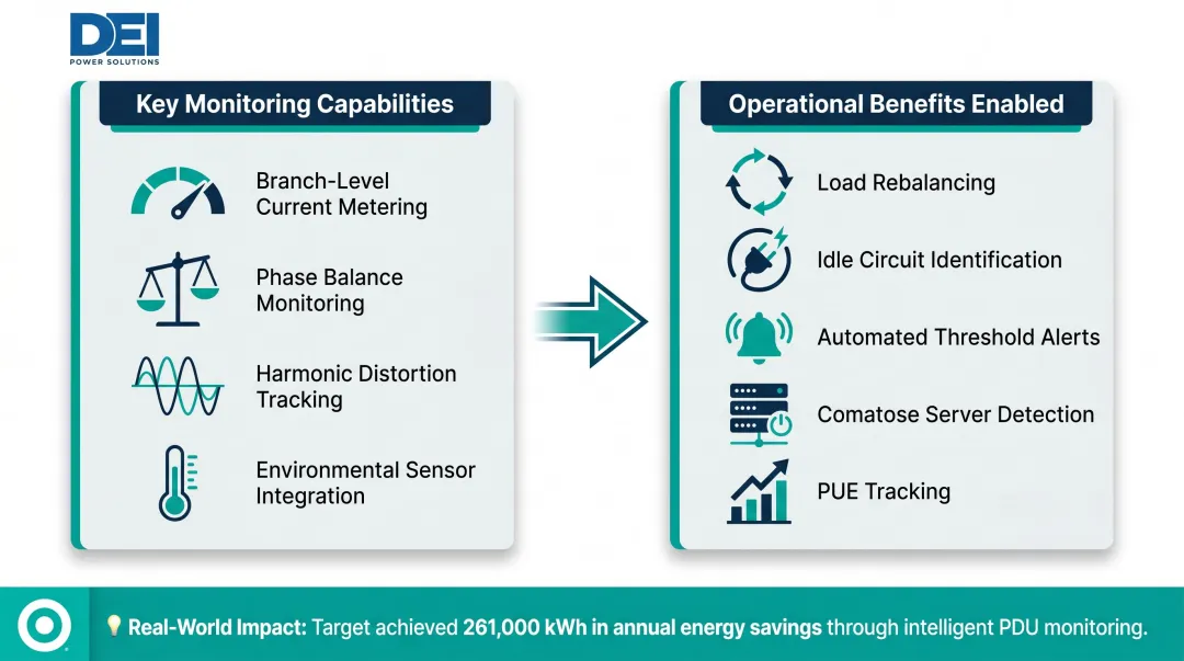 Real-time data center power monitoring capabilities and operational benefits overview infographic