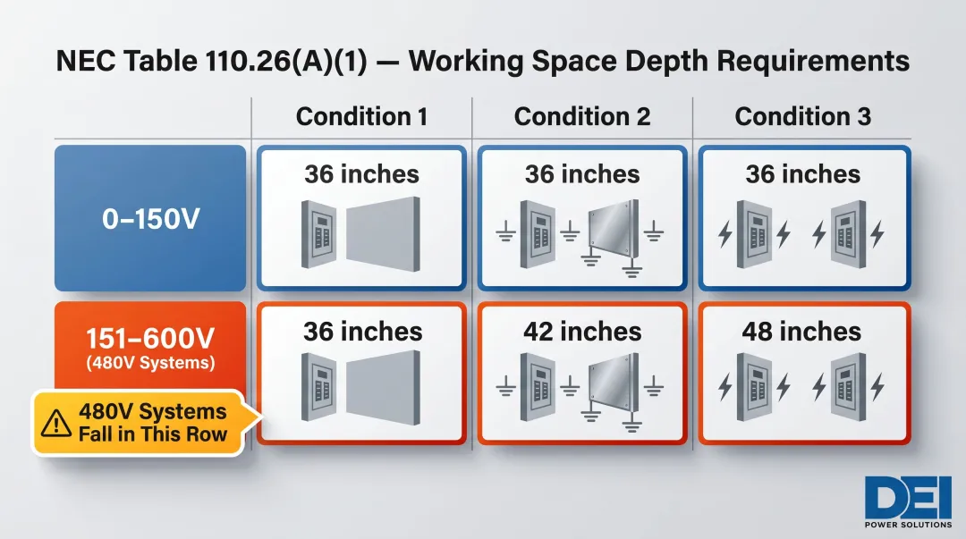 NEC Table 110.26 voltage tier working space depth requirements comparison chart