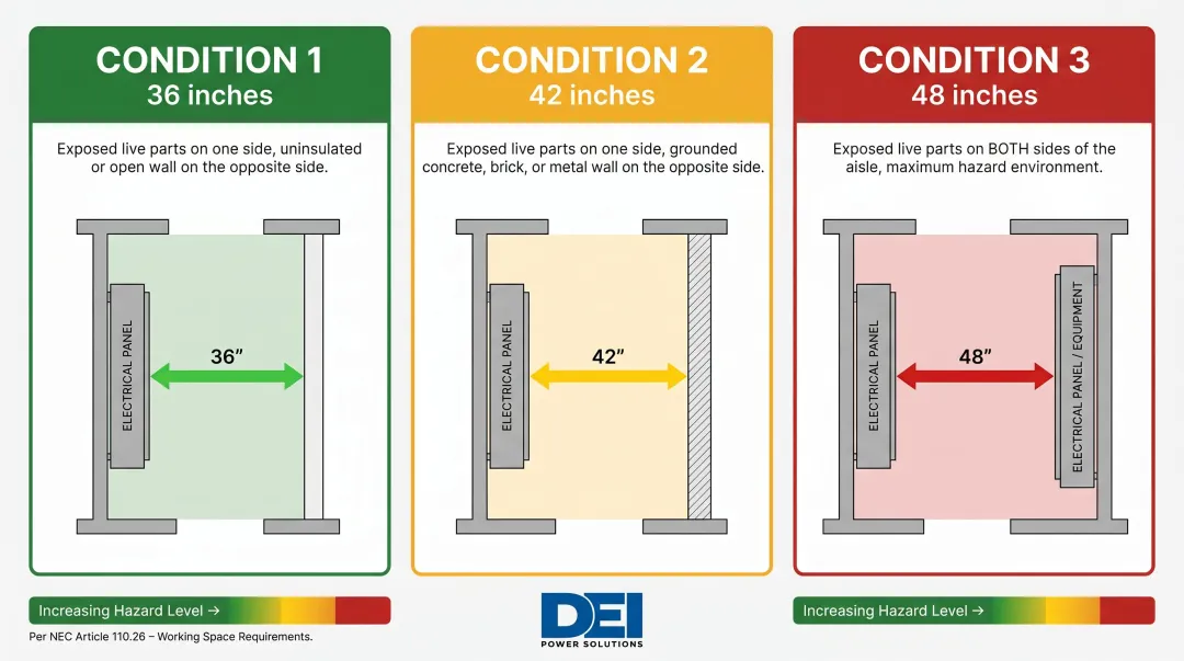 Three NEC working space conditions determining 480V panel clearance depth requirements