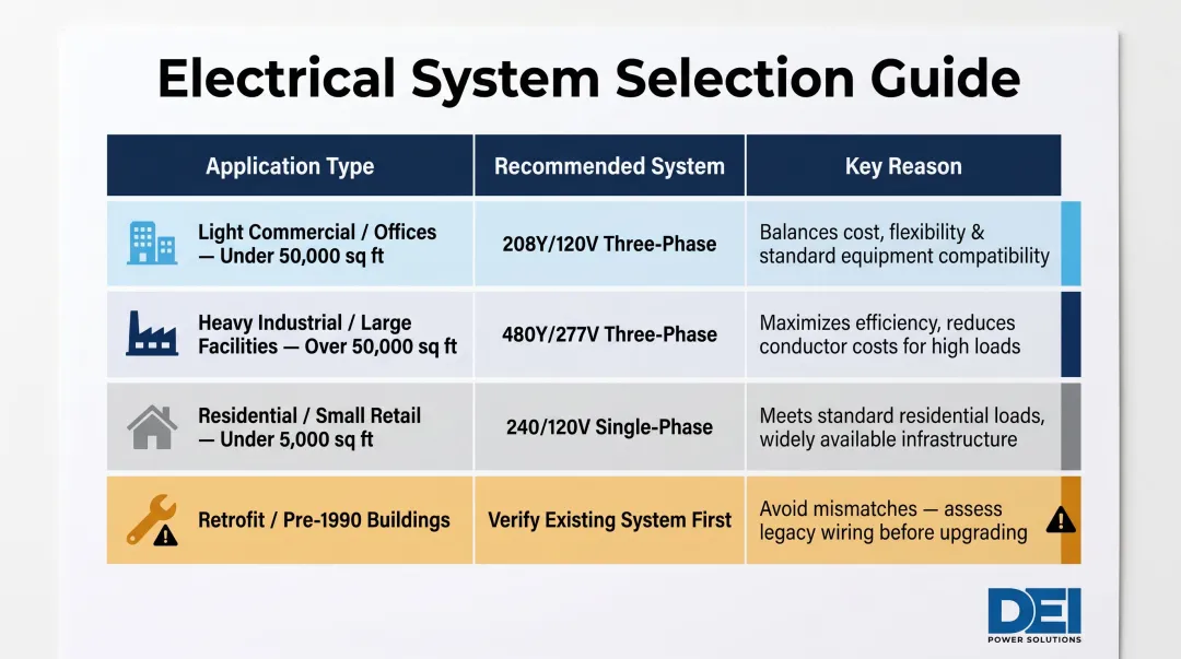 Low voltage system type selection decision matrix by application size and industry