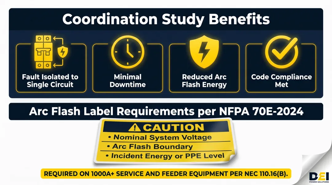 Arc flash label requirements and protective device coordination study benefits infographic