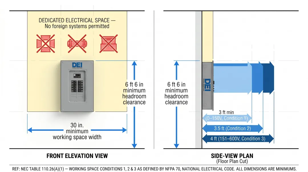 NEC 110.26 electrical equipment working clearance dimensions diagram with measurements