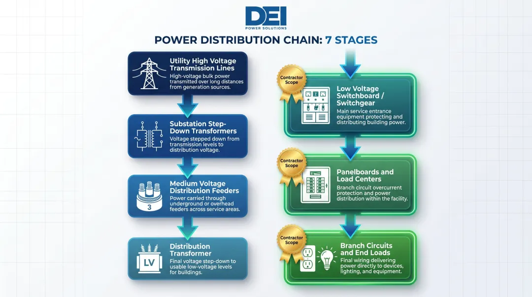 7-step low voltage power distribution chain from utility transmission to end loads