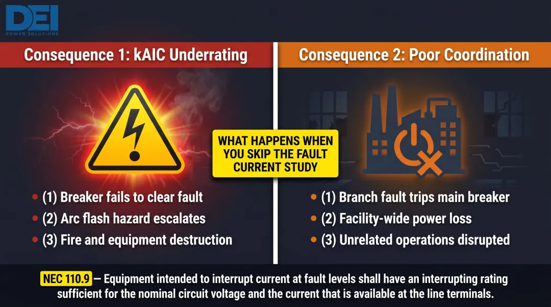 Two consequences of skipping fault current study kAIC underrating and poor coordination