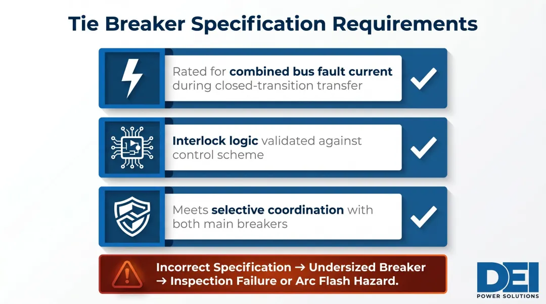Main-Tie-Main tie breaker specification requirements for bus transfer and coordination compliance