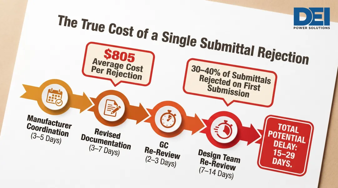 Switchboard submittal rejection cycle timeline showing days lost per review stage