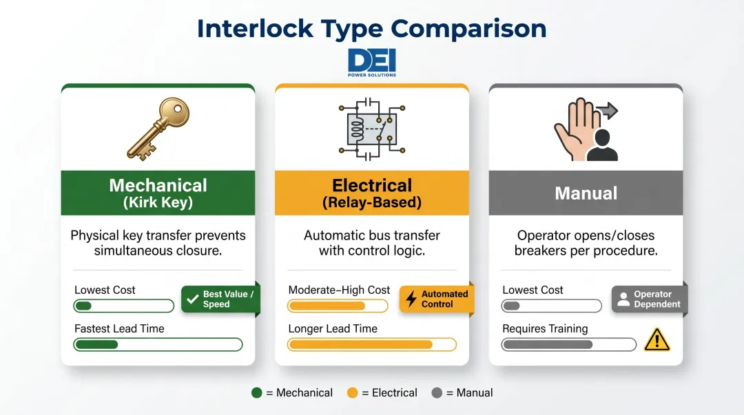 Three MTM switchboard interlock types comparison chart with cost and lead time impact