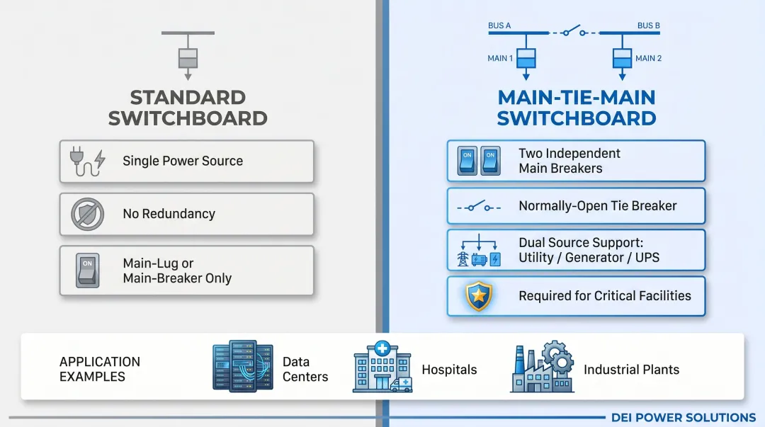 Main-Tie-Main versus standard switchboard configuration comparison infographic
