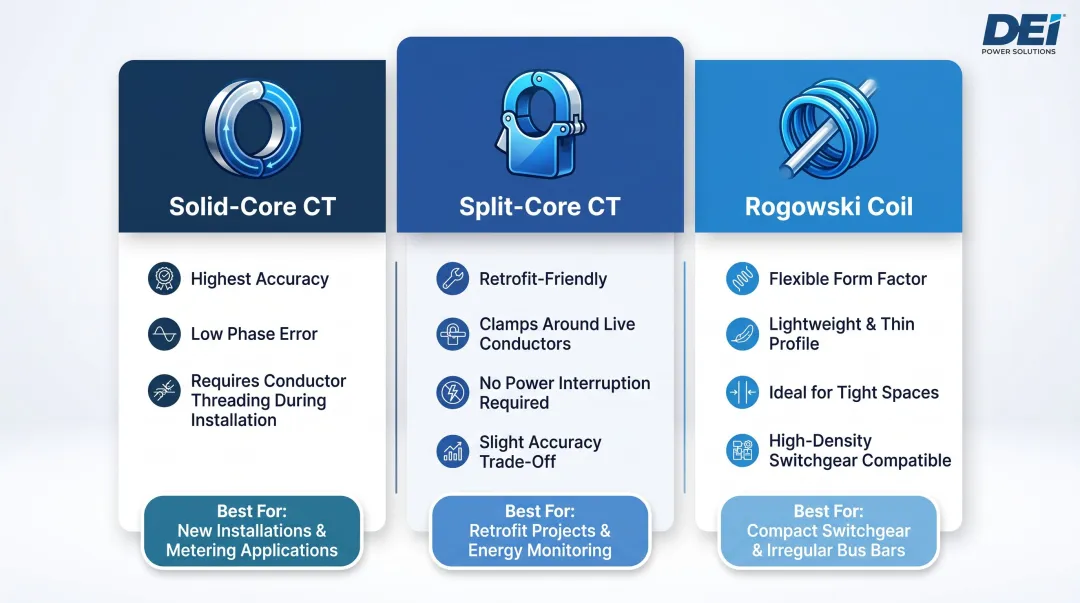 Three current transformer types comparison solid-core split-core and Rogowski coil infographic