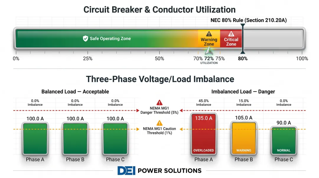 Data center circuit load thresholds and phase imbalance warning levels infographic