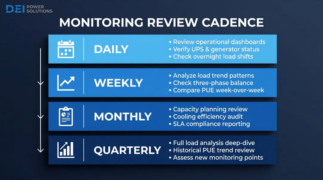 Data center power monitoring review schedule daily weekly monthly quarterly cadence infographic