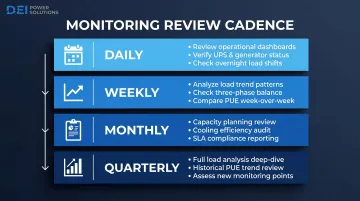 Data center power monitoring review schedule daily weekly monthly quarterly cadence infographic