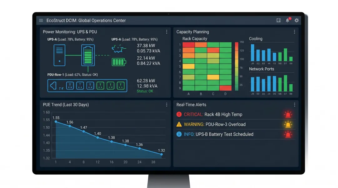 DCIM platform dashboard displaying real-time power monitoring capacity planning and environmental alerts