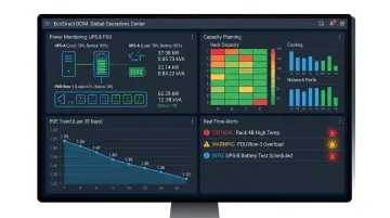 DCIM platform dashboard displaying real-time power monitoring capacity planning and environmental alerts
