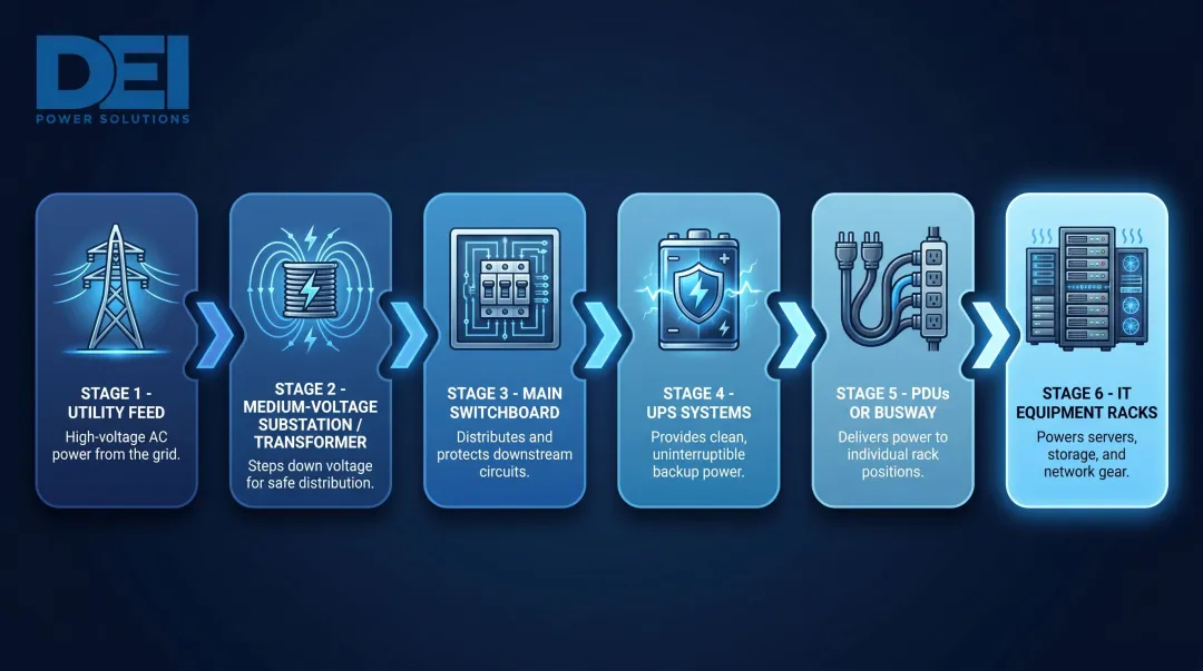 Data center power distribution chain from utility grid to server rack