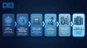 Data center power distribution chain from utility grid to server rack