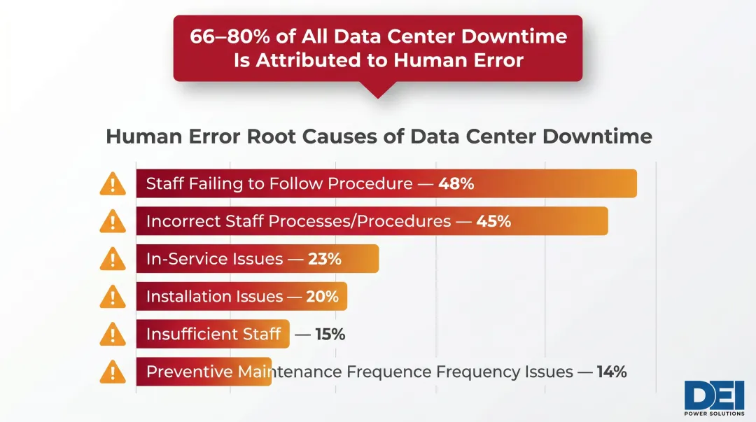 Root causes of data center downtime human error breakdown by percentage