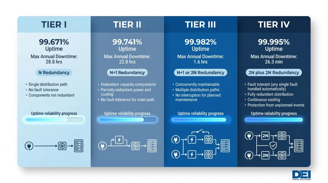 Uptime Institute four-tier data center redundancy classification comparison chart