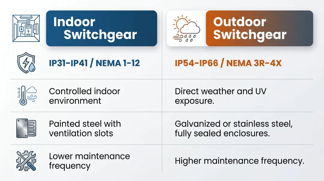 Indoor versus outdoor switchgear side-by-side comparison key differences infographic