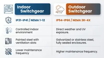 Indoor versus outdoor switchgear side-by-side comparison key differences infographic