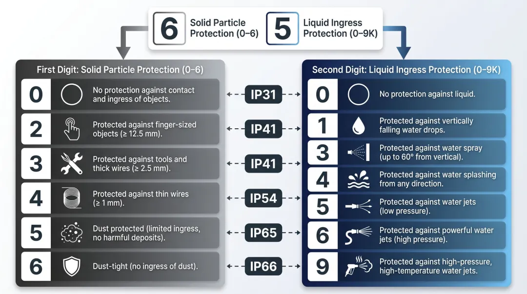 IEC 60529 IP rating system two-digit breakdown dust and water protection levels