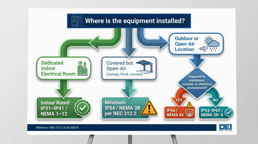 Switchgear environment selection decision flowchart from installation location to IP NEMA rating