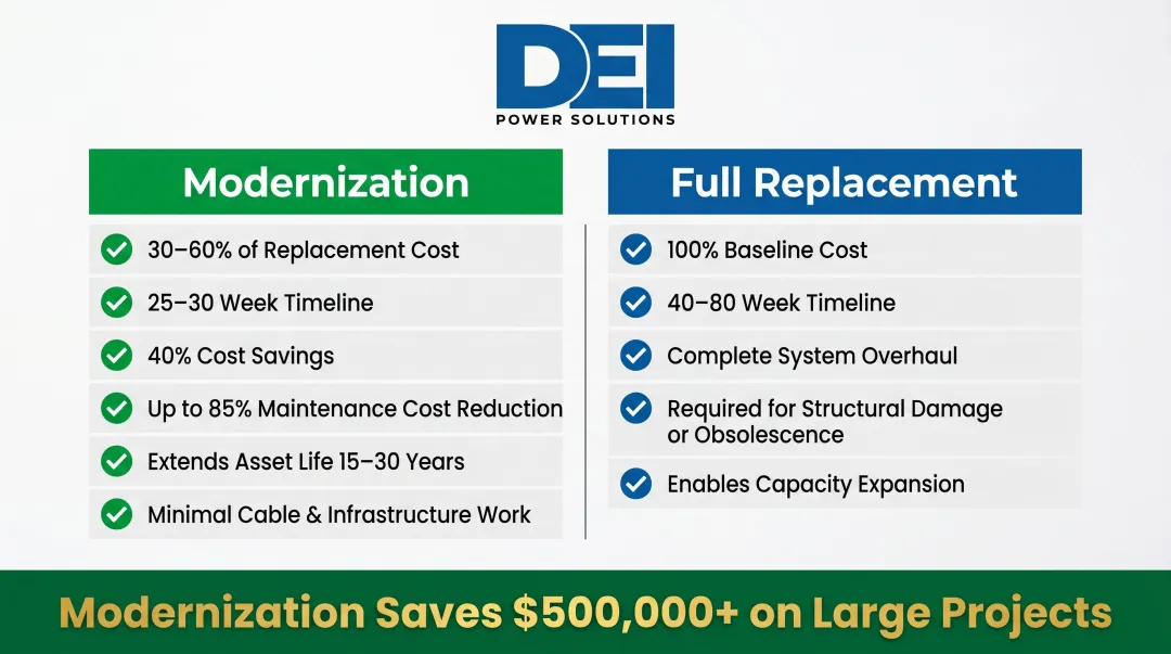 Switchgear modernization versus full replacement cost and timeline side-by-side comparison