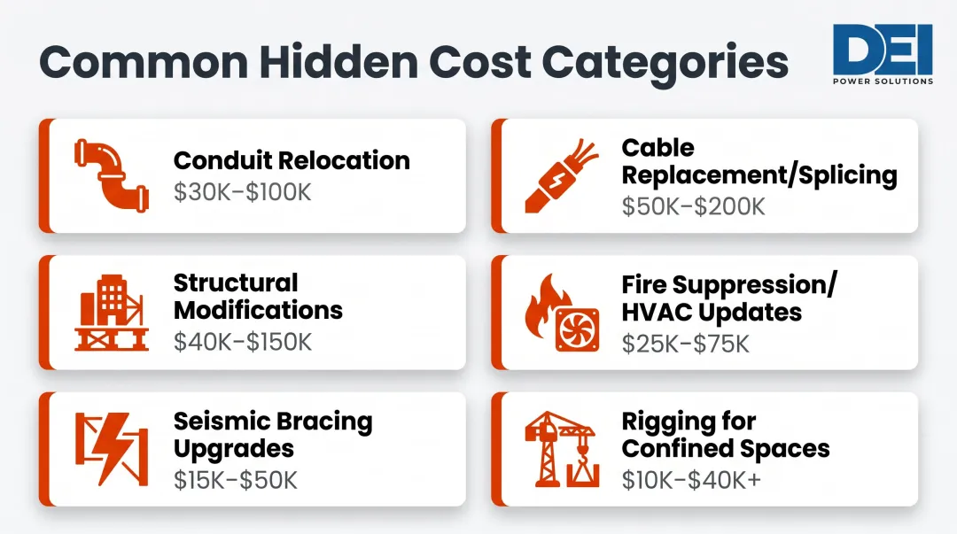 Hidden switchgear replacement site costs breakdown with dollar ranges per category