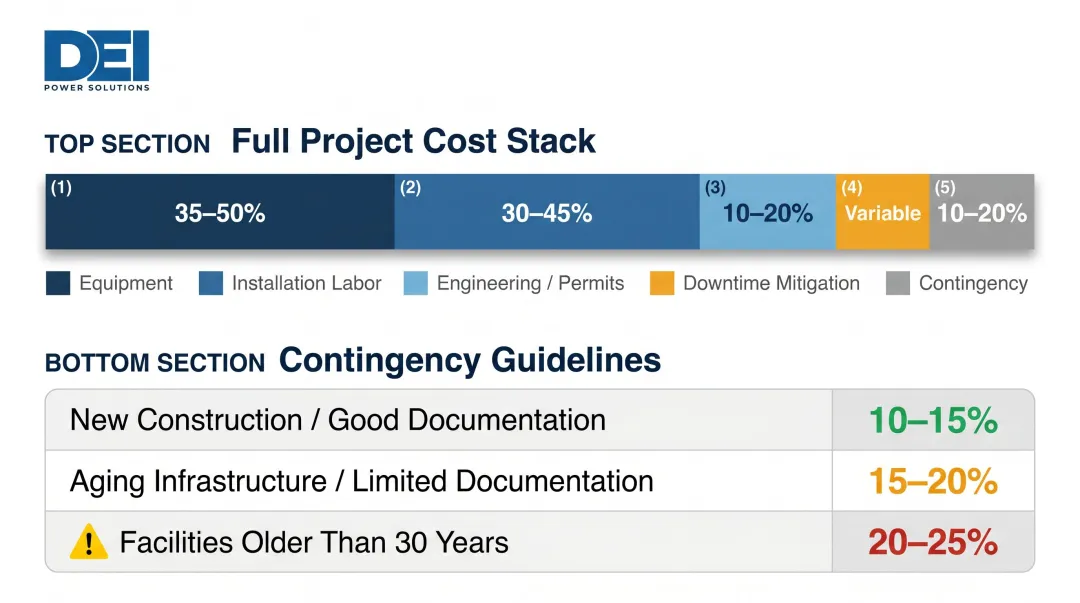 Complete switchgear project cost stack breakdown with contingency percentage guidelines