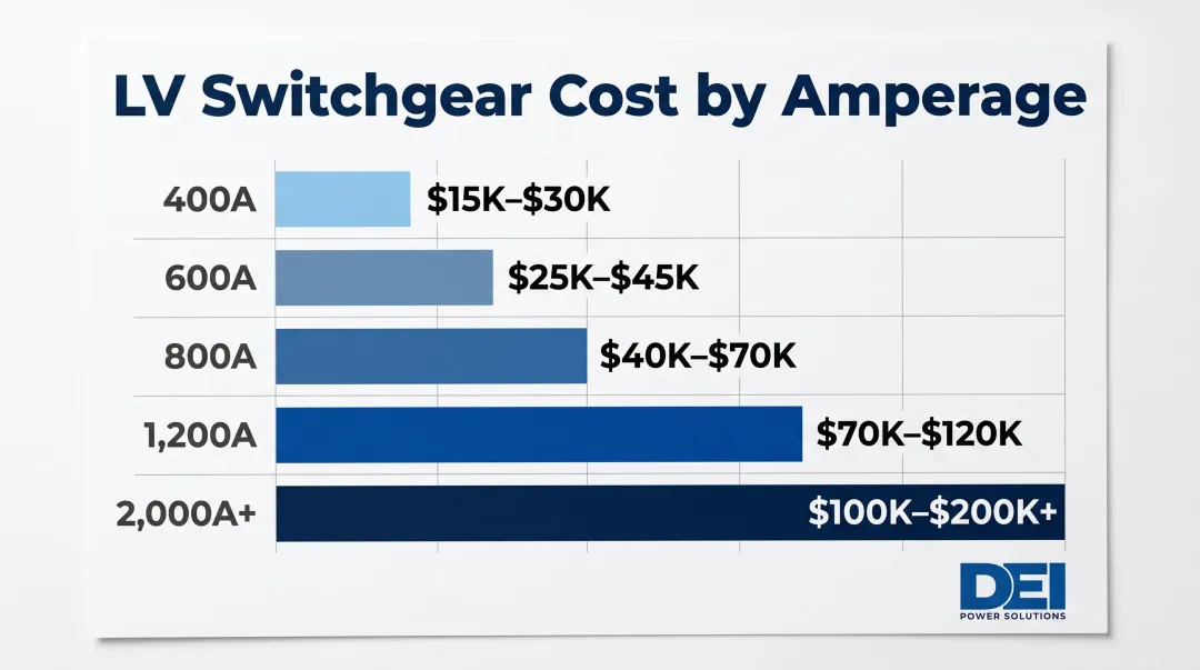 Low-voltage switchgear replacement cost ranges by amperage rating infographic