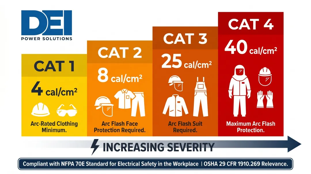 NFPA 70E arc flash PPE four category levels cal cm2 requirements infographic