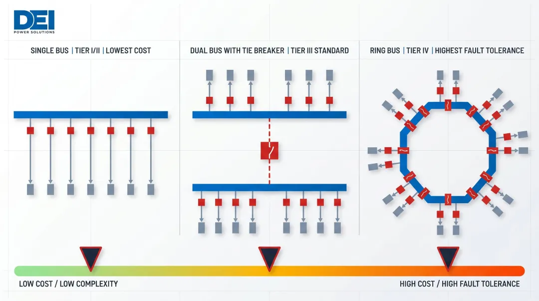 Three data center switchgear bus topologies single dual ring comparison diagram