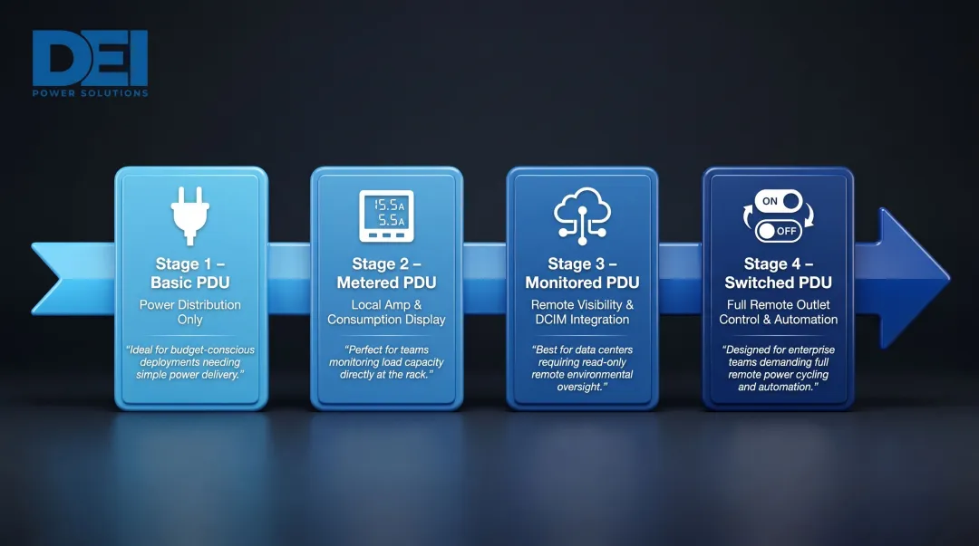 Four data center PDU types capability spectrum from basic to switched intelligent