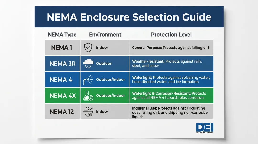NEMA enclosure type ratings comparison chart for industrial panel environments