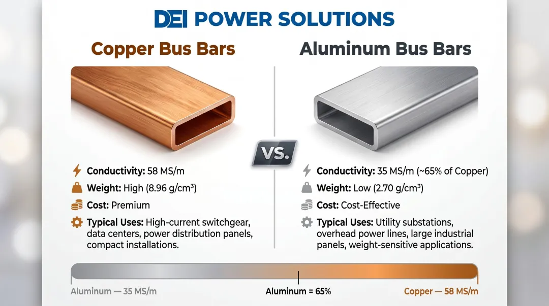 Copper versus aluminum bus bar conductivity comparison infographic for industrial panels