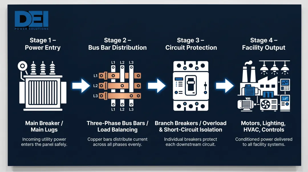 Industrial panel power flow sequence from utility entry to facility load output