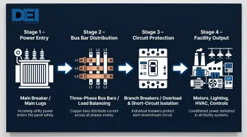 Industrial panel power flow sequence from utility entry to facility load output