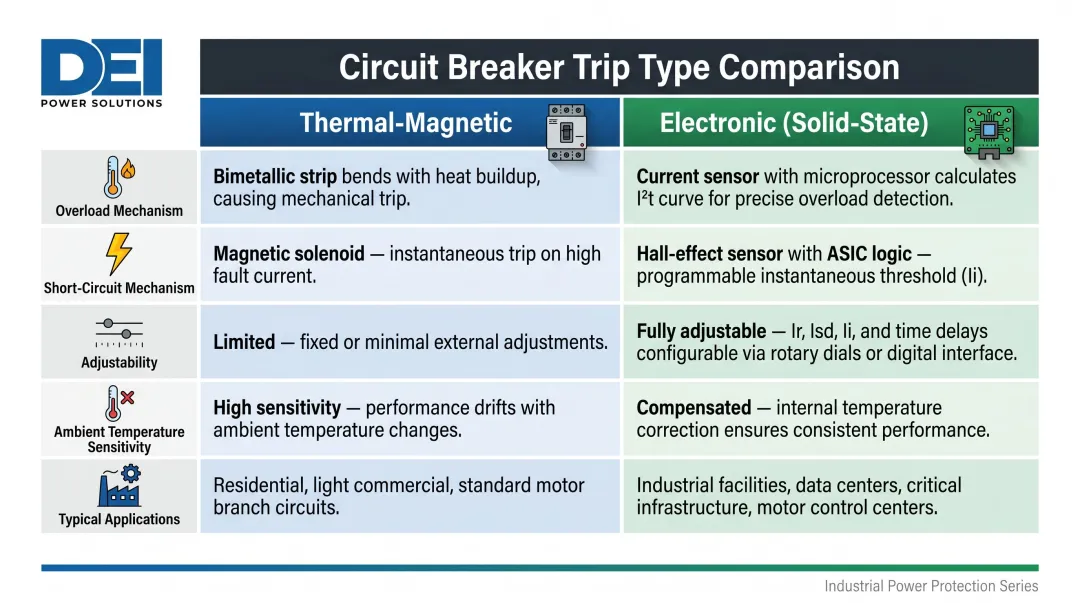 Thermal-magnetic versus electronic trip breaker mechanism comparison chart for industrial circuits