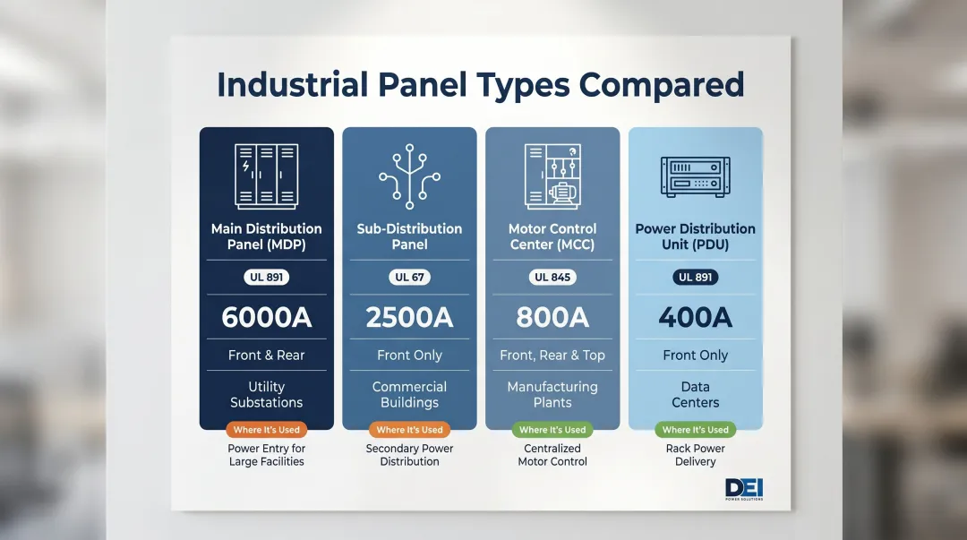 Four industrial power distribution panel types comparison by ampacity standards and application