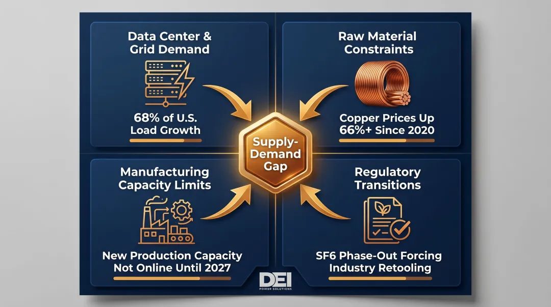 Four structural drivers of electrical switchgear shortage infographic breakdown