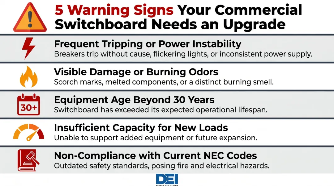 Five warning signs commercial switchboard needs upgrade checklist infographic
