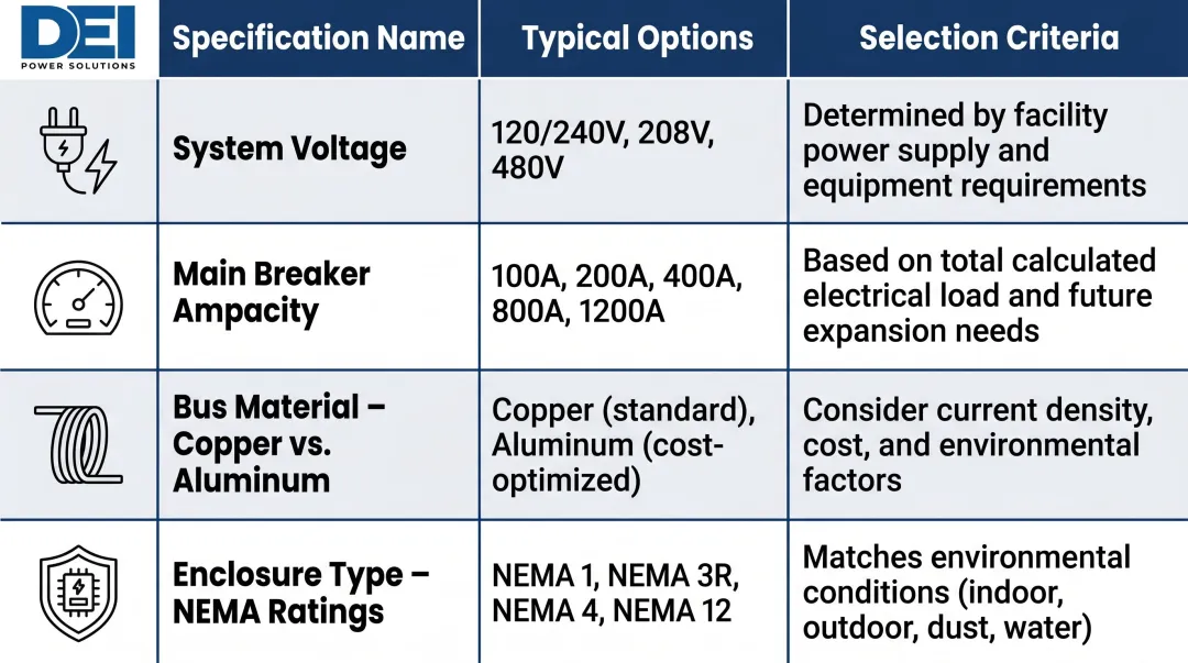 Commercial switchboard specification selection table voltage ampacity enclosure and bus material options