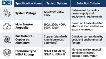 Commercial switchboard specification selection table voltage ampacity enclosure and bus material options