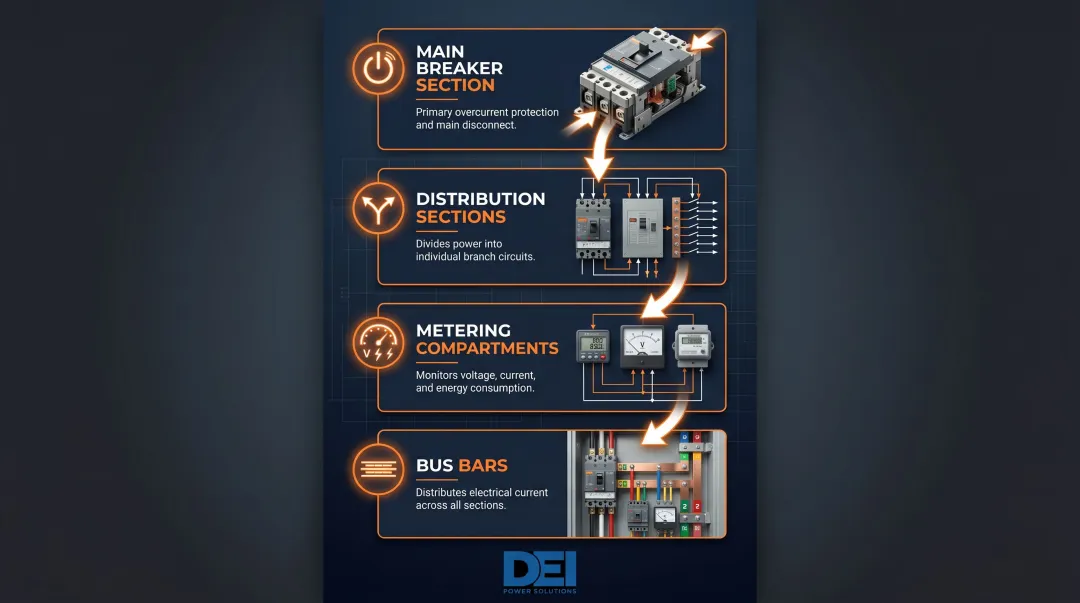 Four key commercial switchboard components diagram with labels and descriptions