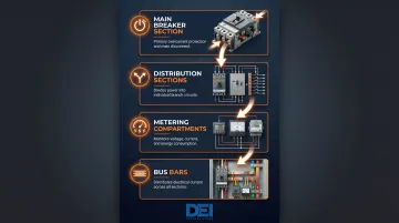 Four key commercial switchboard components diagram with labels and descriptions
