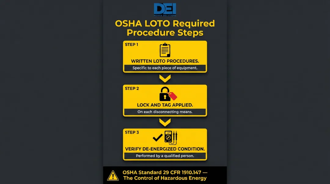 OSHA lockout tagout LOTO three-step procedure requirements infographic