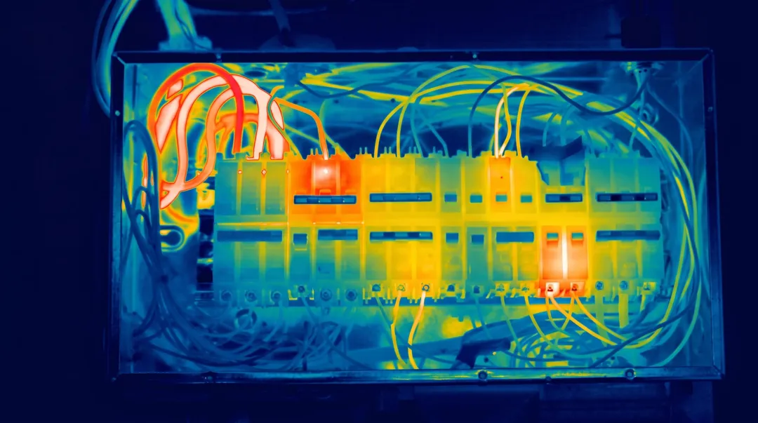 Infrared thermography scan of electrical switchgear panel showing hot spot detection