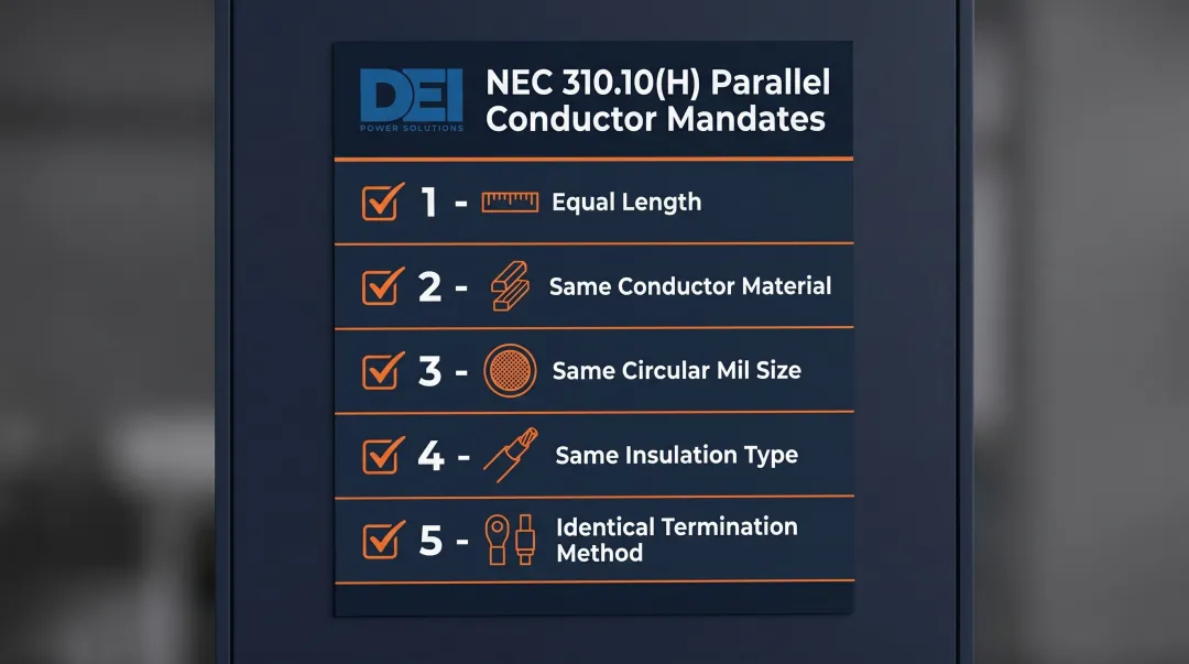 NEC 310.10H five parallel conductor requirements checklist infographic for 1200A service