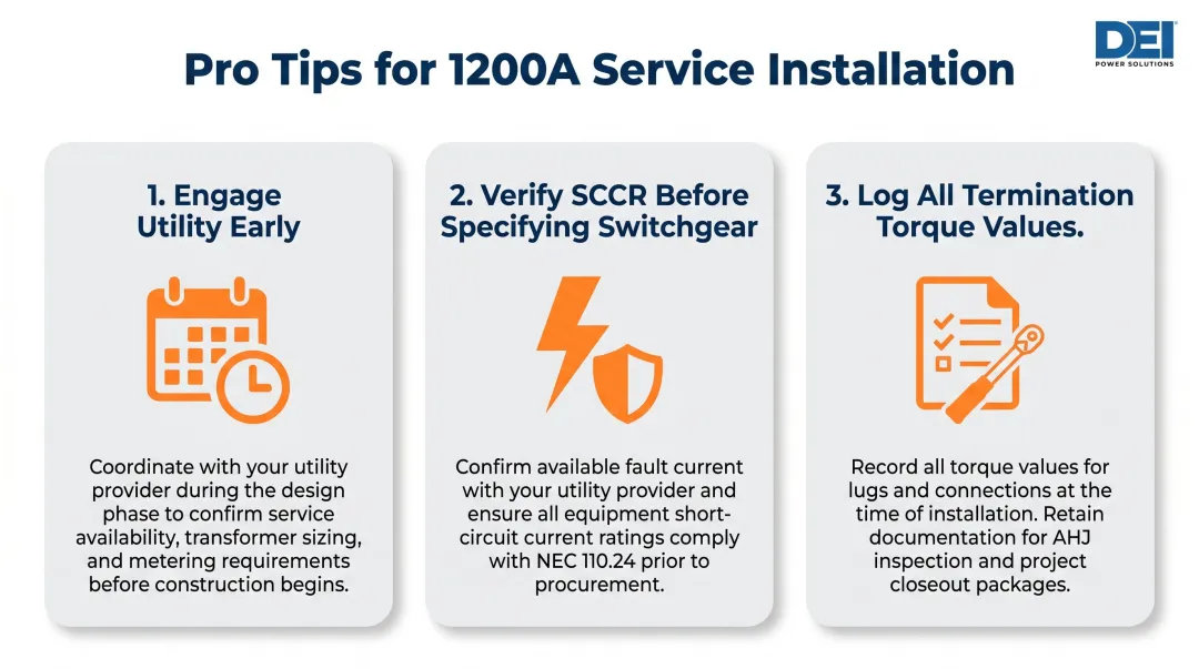 Three pro tips for successful 1200 amp service installation best practices infographic